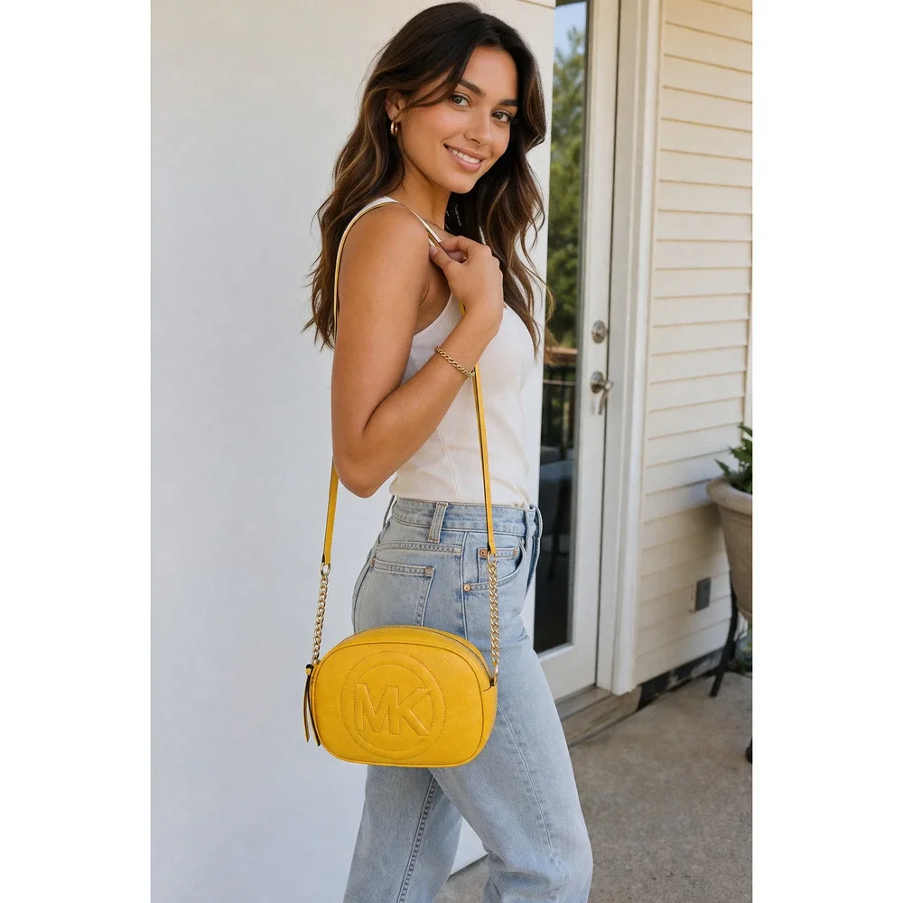 Michael Kors Yellow Crossbody Bag Brynn Pebbled Leather Chain Strap - Picture 2 of 12
